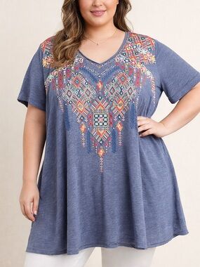 Johnny Was Embroidered Boho Tunic Dress 1X Blue Short Sleeve Swing Top